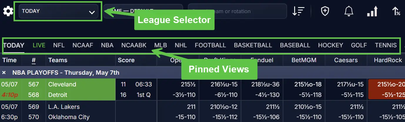OddsLogic views navigation