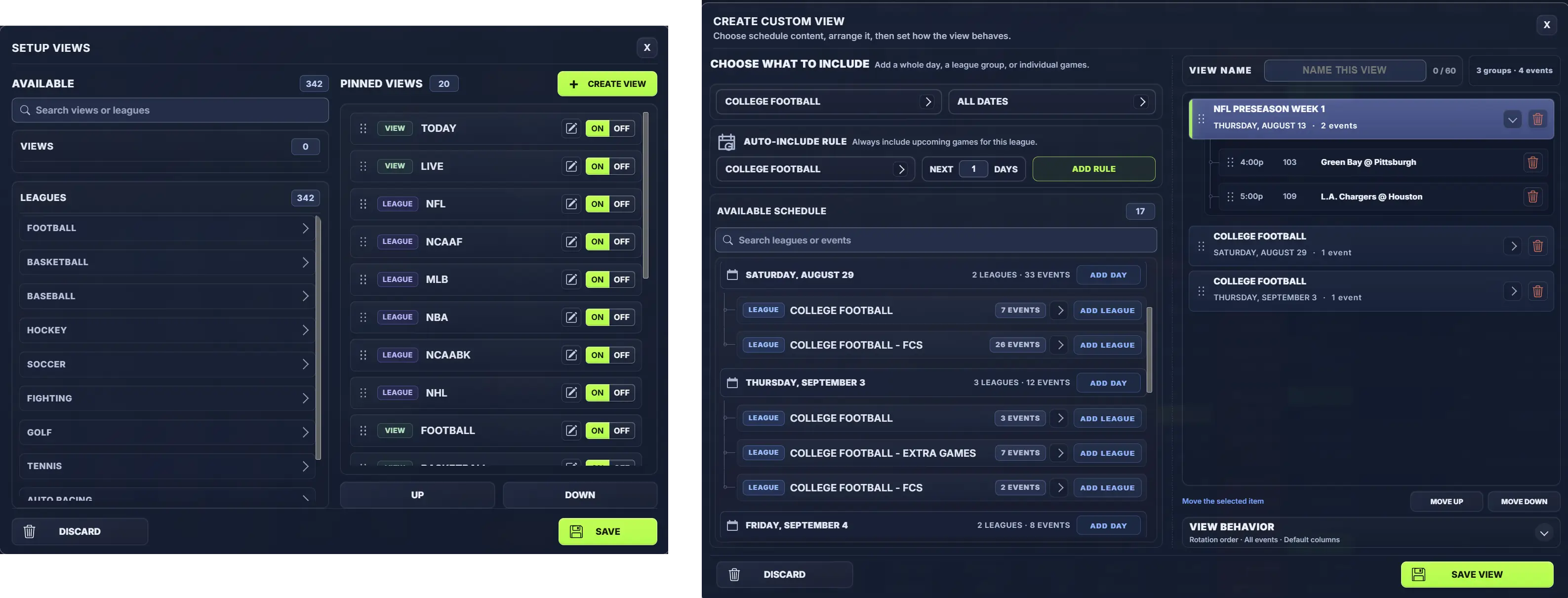 OddsLogic Setup Views and Create Custom View panels